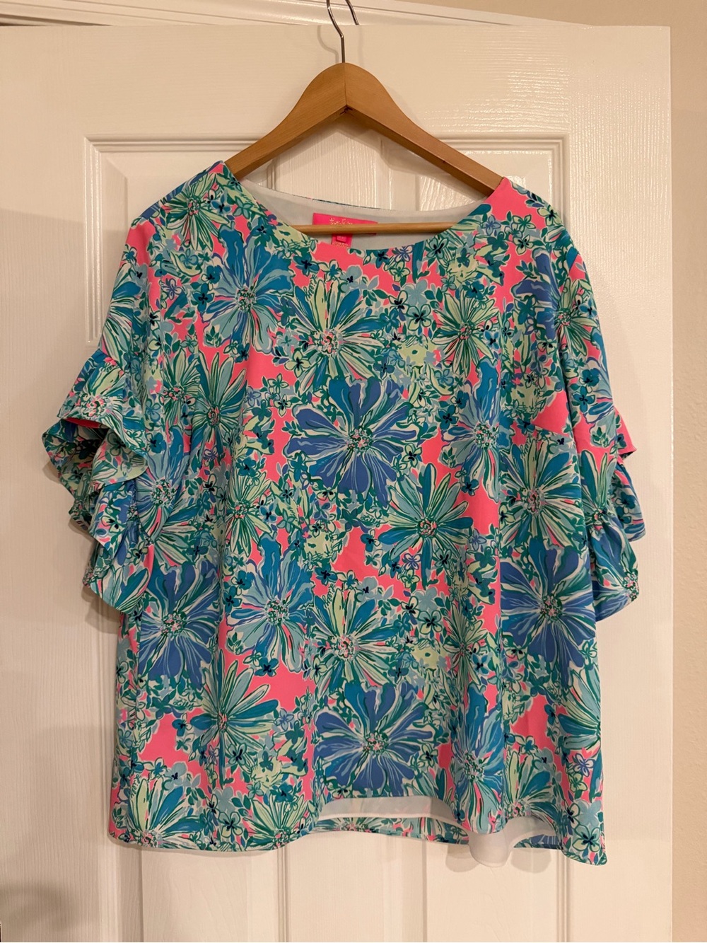Lilly Pulitzer Floral Ruffle Sleeve Blouse Pink Blue Green XL